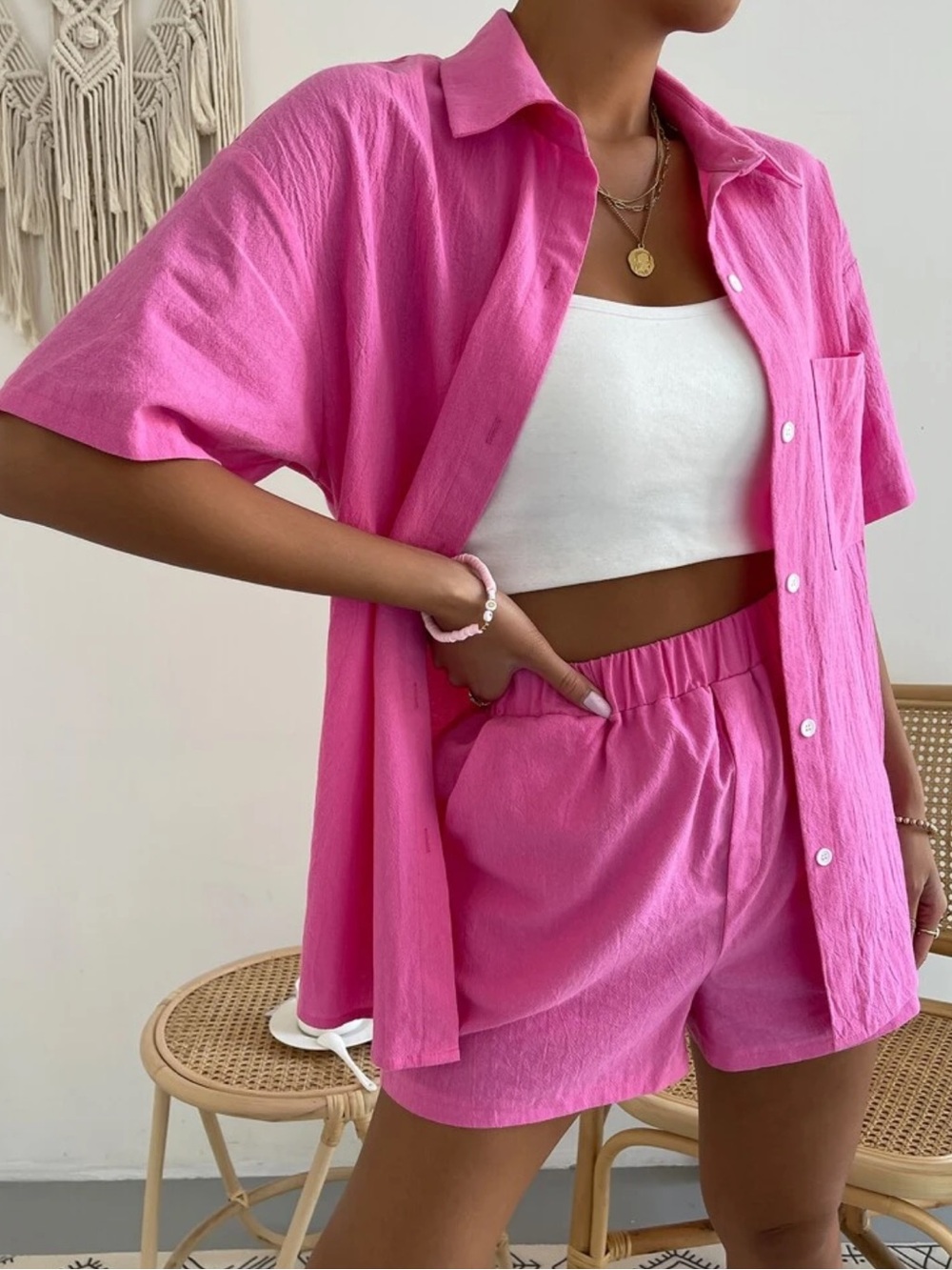 NWOT Hot Pink Two-Piece Button Shirt & Shorts Set SHEIN